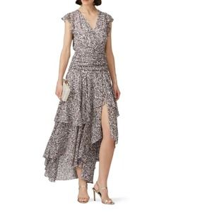 ALL SAINTS Caris Kara Leopard Print Maxi Dress Grey Ruffles Cap Sleeve Size 6